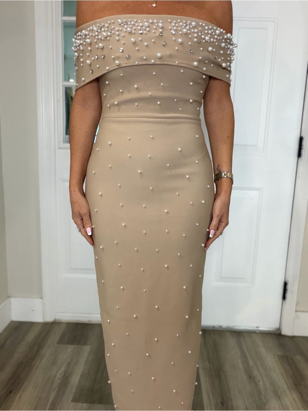 Off-Shoulder Pearl-Embellished Cream Maxi Dress